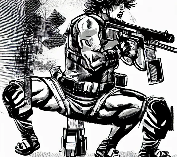 Image similar to solid snake breaking into a warehouse while riding a motorcycle and firing a gun, in the style of jack kirby