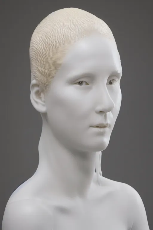 Prompt: full head and shoulders, beautiful female porcelain sculpture by daniel arsham and raoul marks, smooth, all white features on a white background, delicate facial features, white eyes, white lashes, detailed white, lots of real gold hair in a'beehive hairstyle'on the head