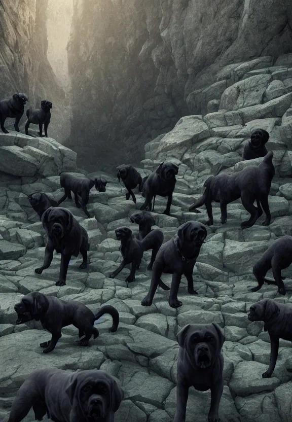 Prompt: a pack of angry rabid demonic evil monstrous dark black mastiffs made of shadows while exploring a claustrophobic dark blue canyon of stone, tendrils of black shadow, digital art, greg rutkowski, unreal engine, octane render, cinematic lighting, highly detailed