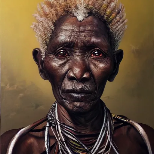 Image similar to a painting of a wise elder from Kenya by Wangechi Mutu . dramatic angle, ethereal lights, details, smooth, sharp focus, illustration, realistic, cinematic, artstation, award winning, rgb , unreal engine, octane render, cinematic light, macro, depth of field, blur, red light and clouds from the back, highly detailed epic cinematic concept art CG render made in Maya, Blender and Photoshop, octane render, excellent composition, dynamic dramatic cinematic lighting, aesthetic, very inspirational, arthouse.
