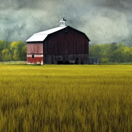 Prompt: a monster roaming threw a field, featuring a barn