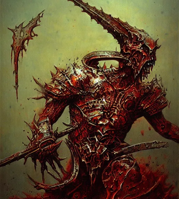 Prompt: chaos berserker in hellish armor concept, beksinski, trending on artstation
