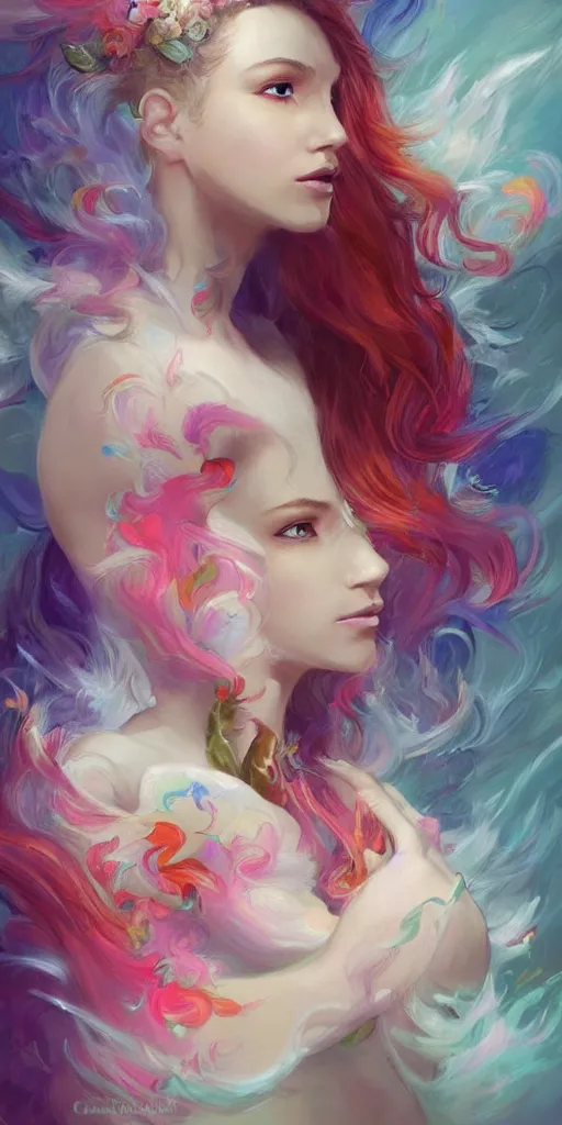 Prompt: a colorful and provenance portrait painting of the fantasy female with a floral wings, detailed, highly detailed, her hair made of hair made of air wind and curling smoke, mist, dust, genie, spirit fantasy concept art ， art by charlie bowater, trending on artstation.