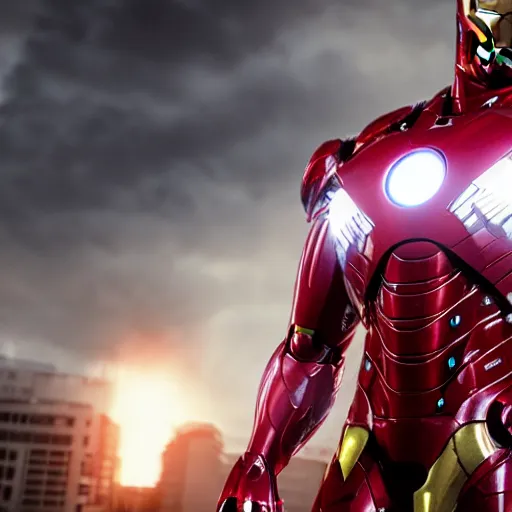 Image similar to carnage mixed with iron man cinimatic movie shot, lens flare, depth of field, still shot, high quality, realistic, unreal engine 5