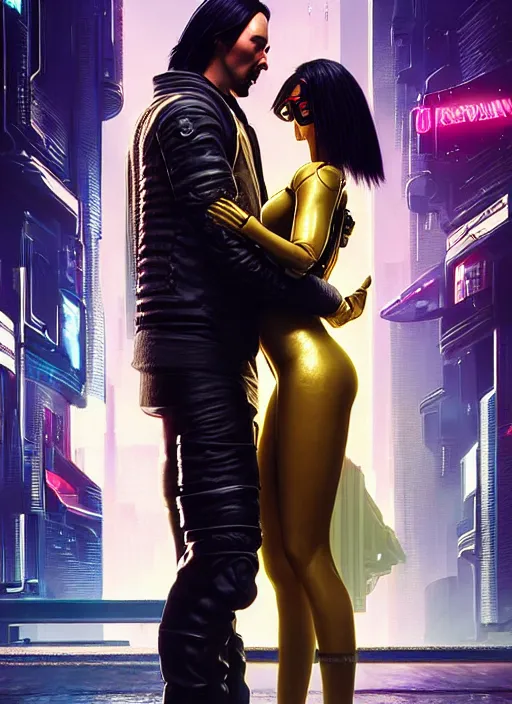 Prompt: a cyberpunk 2077 couple portrait of a Keanu Reeves as johnny silverhand and a female android in final kiss,love,fantasy, intricate, elegant,by Alex Horley,Heather Theurer,aaron horkey,Greg Rutkowski,artstation,deviantart,FAN ART,Digital painting,face enhance,highly detailed,8K,octane,golden ratio,cinematic lighting