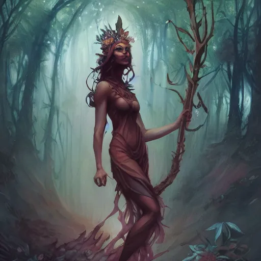 Image similar to full body portrait of a beautiful forest goddess, by pete mohrbacher and greg rutkowski