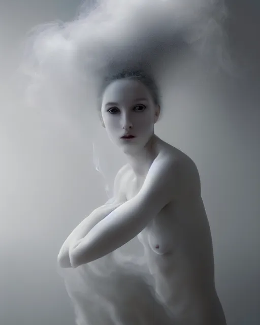 Image similar to monochrome, dreamy, subsurface scattering, white, young beautiful goddess in cosmos with very long white hair floating in air, fluid smoke art, black and white, octane render, dino valls, mark ryden, joe fenton, michal karcz, highly detailed, rim light, art, cinematic lighting, very coherent, hyper realism, 8 k
