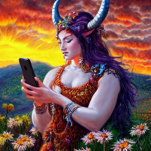 Image similar to horned ram goddess, checking her cell phone, erupting volcano in distance, sunset, flowers in foreground, zodiac, fantasy acrylic on canvas, intricately detailed, highly detailed, high resolution, hdr, 8 k, artist, trending on artstation, painting by senior concept artist josephine wall