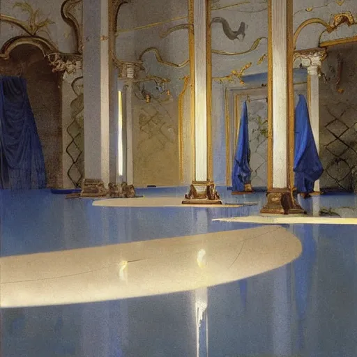 Prompt: gardens of marble draped in flowing sheets of cobalt blue satin and silver satin, by ivan aivazovsky and syd mead and moebius and roger dean and pieter claesz and paul delaroche and alma tadema and august malmstrom and willem claesz heda and aelbert cuyp, hyperrealistic, volumetric light, octane render