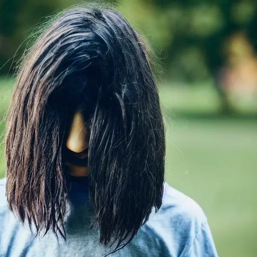 Image similar to a teenager boy with a long hair that covers his face