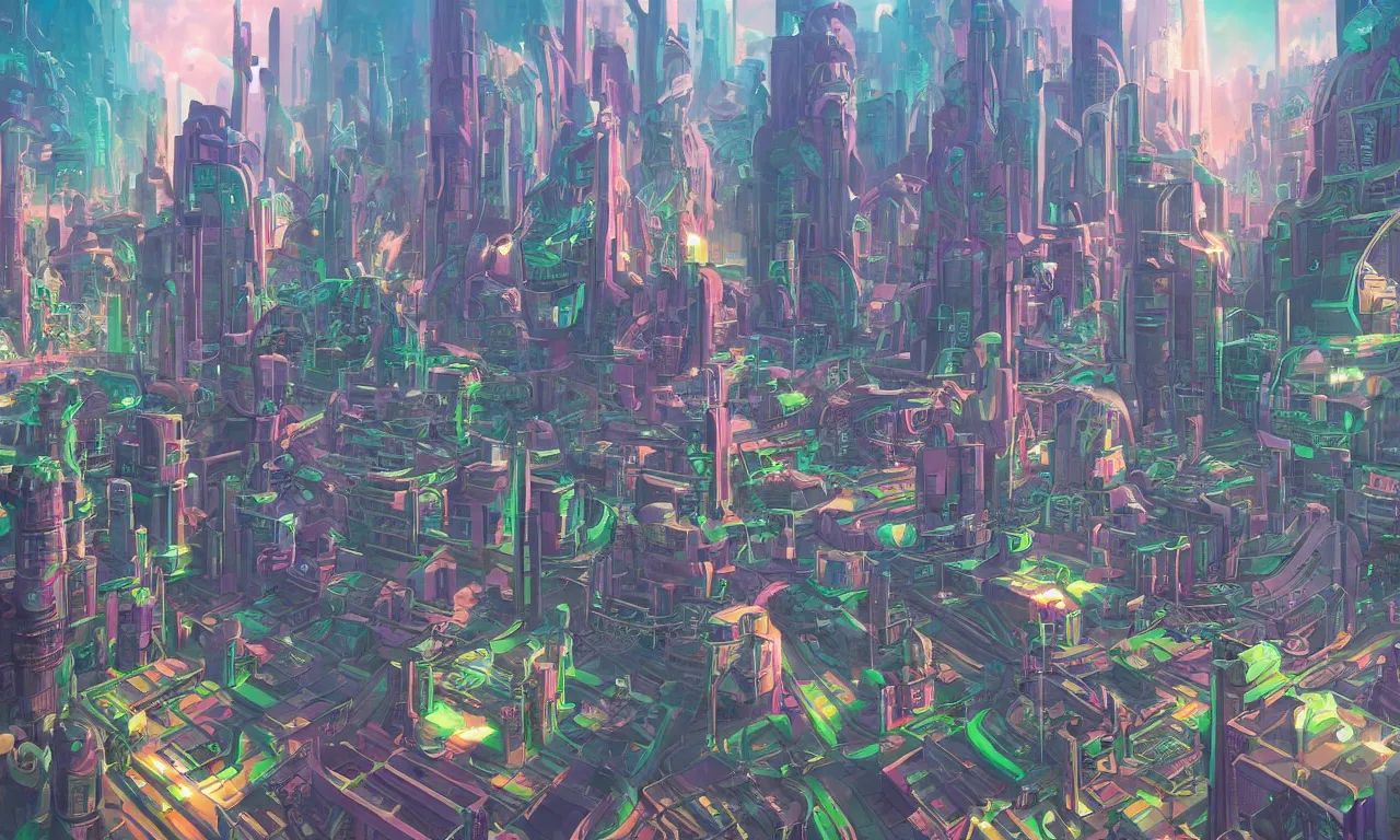 Image similar to futuristic city, illustration painting, oil on canvas, intricate, portrait, detailed illustration, hd, digital art, overdetailed art, concept art, complementing colors, detailed, illustration painting by alex gray, digital art, overdetailed art, concept art, complementing colors rendered by beeple, syd meade