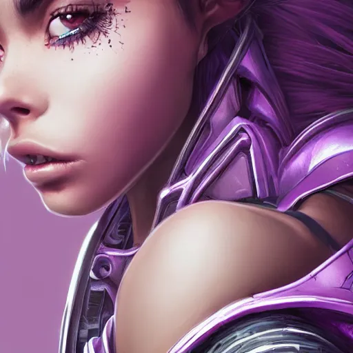 Prompt: close up portrait of a madison beer in smooth purple sci - fi armor, long black ponytail, elegant, intense, woman, an ultrafine hyperdetailed illustration by kim jung gi, irakli nadar, intricate linework, sharp focus, bright colors, octopath traveler, final fantasy, unreal engine 5, global illumination, radiant light