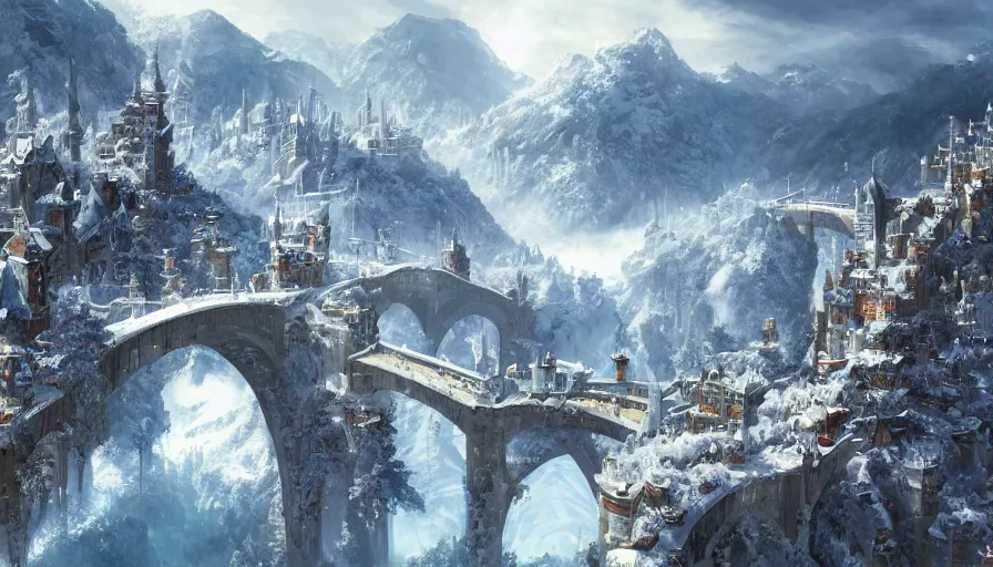 Prompt: White castles built in snowy mountains connected by bridges with villages below at sunny day, hyperdetailed, artstation, cgsociety, 8k