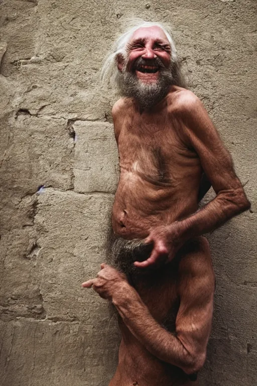 Image similar to a old laughing happy old man with female long hair, long beard, female body, by steve mccurry