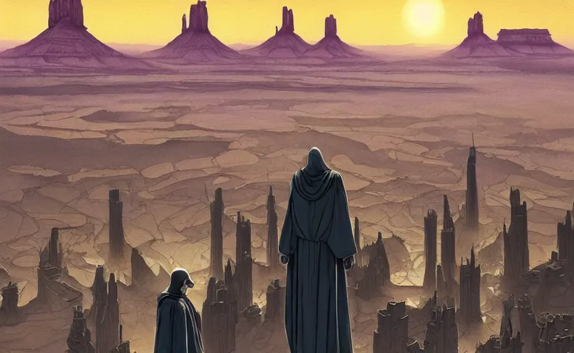 Prompt: a hyperrealist watercolor concept art of a futuristic city built in monument valley. a medieval monk in grey robes is in the foreground. golden hour. very muted colors, by rebecca guay, michael kaluta, charles vess. high detail, hq, wide shot, 4 k