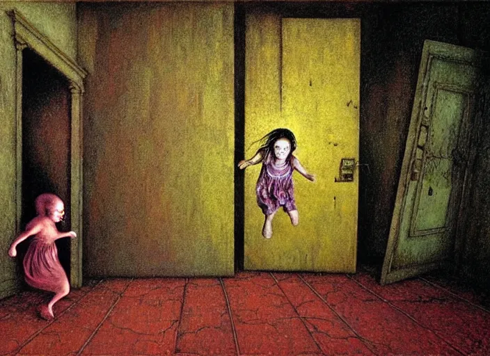 Prompt: realistic detailed photo rendered in octane 3d , of a little girl running inside of old haunted house from a ghost, by Francis Bacon, by Ivan Bilibin, by Alex Grey, by Austin Osman Spare., by Ayami Kojima, Amano, Karol Bak, Greg Hildebrandt, and Mark Brooks , rich deep colors. Beksinski painting, art by Takato Yamamoto. masterpiece. rendered in blender, ultra realistic, smooth shading, ultra detailed, high resolution, cinematic, unreal 6