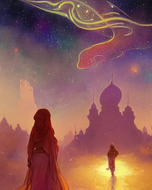 Prompt: bedouin in galaxy walking towards mosque surrounded by nebula, highly detailed, gold filigree, romantic storybook fantasy, soft cinematic lighting, award, disney concept art watercolor illustration by mandy jurgens and alphonse mucha and alena aenami, pastel color palette, featured on artstation