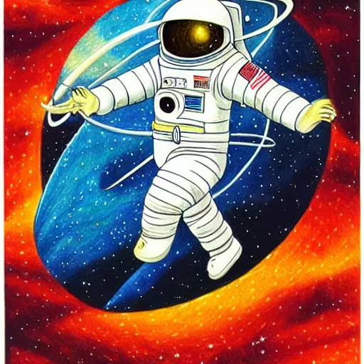 Prompt: highly detailed color pencil drawing of an astronaut drifting in space