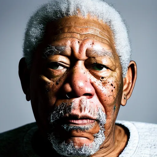 Prompt: a candid portrait photograph of Morgan Freeman starring as rapper The Notorious B.I.G, in the style of Chi Mondu, shallow depth of field, 40mm lens