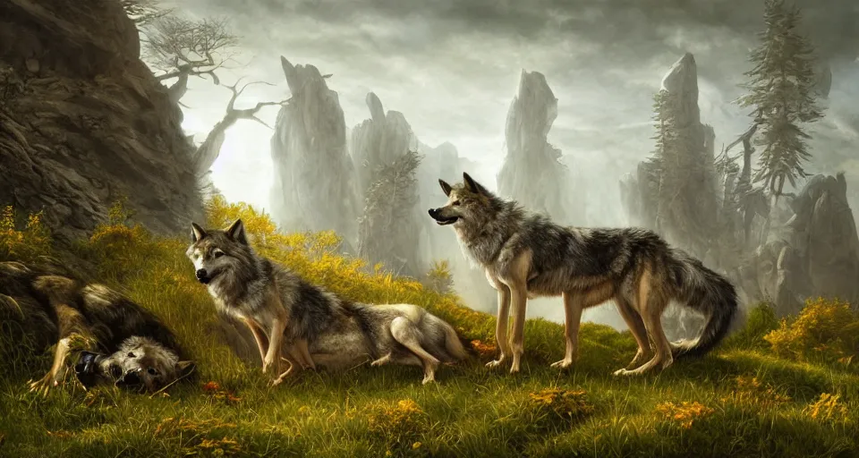 Image similar to wolves and their treasures. fantasy style, trending on artstation, illustration, digital painting, highly detailed render by david caspar friedrich and george stubbs