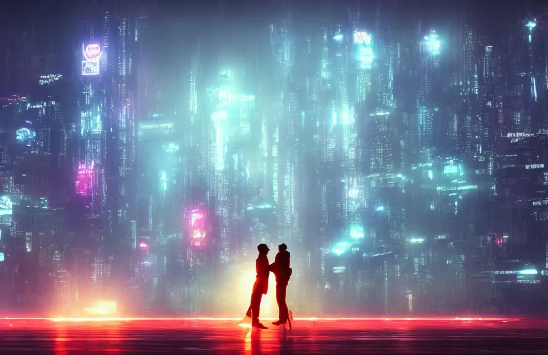 Image similar to men kissing in front of a foggy view of cyberpunk style future city, neon lights, a hyper realistic professional photographic view,very beautiful scenery, very realistic painting effect, hd, hdr, cinematic 4k wallpaper, 8k, ultra detailed, high resolution,