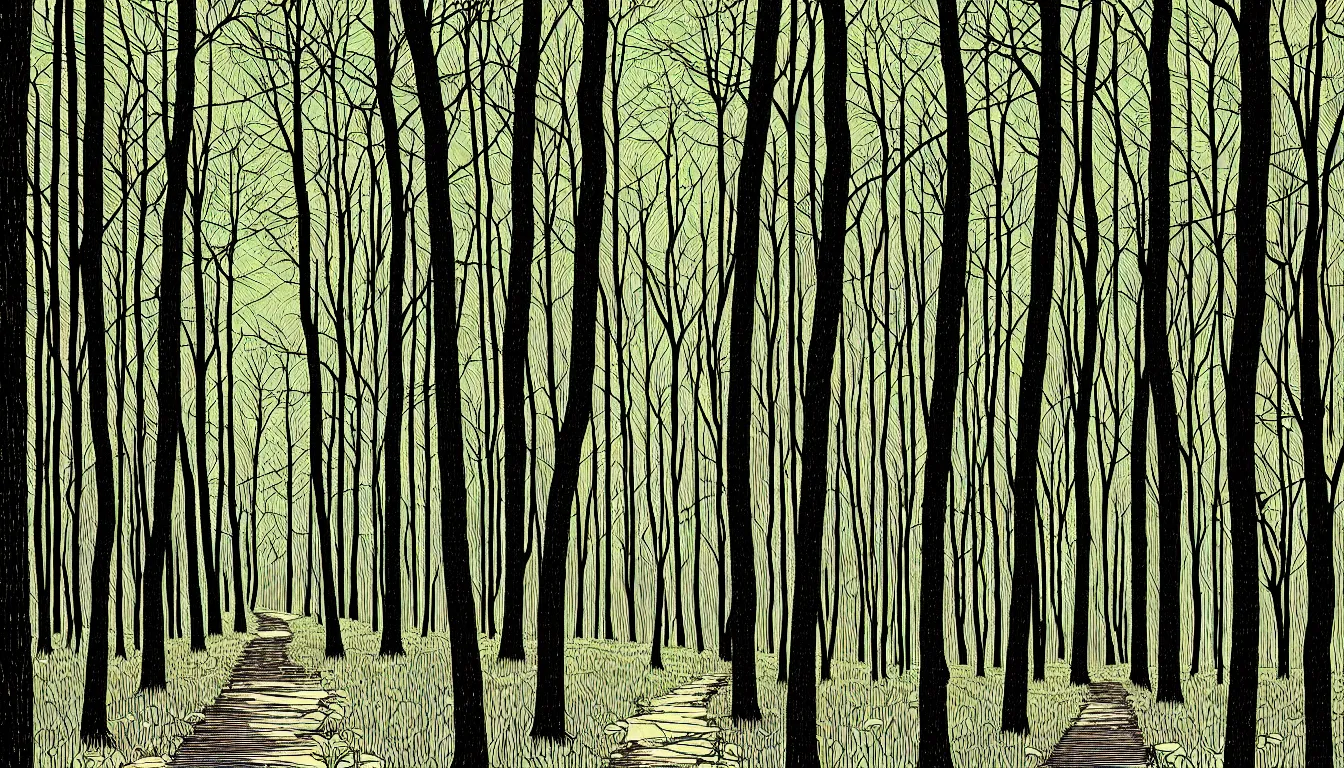 Prompt: hiking trail beneath trees by dan mumford and peter doig and edward hopper, symmetrical, minimal, black ink, thick lines highly detailed, muted colours 8 k