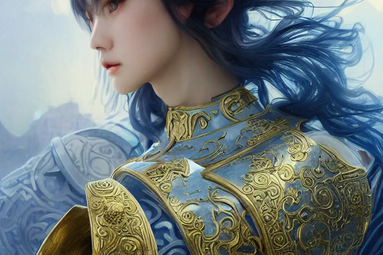 Image similar to portrait knights of Zodiac girl, Chinese Blue and white porcelain reflected armor, kung fu fighting in ruined Agora of Athens sunrise, ssci-fi, fantasy, intricate, very very beautiful, elegant, golden light, highly detailed, digital painting, artstation, concept art, smooth, sharp focus, illustration, art by tian zi and WLOP and alphonse mucha