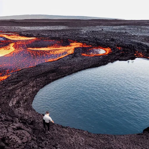 Image similar to a man standing over a lake of lava, cinematic overhead shot, dim afternoon lighting