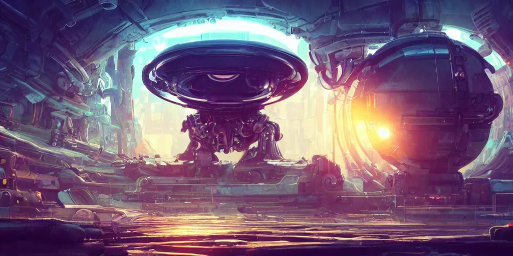 Image similar to huge mechanical creature robot in the middle, its big round eye facing the camera, the eye emits a radiating glowing aura, symmetrical, global illumination, ray tracing, underwater background, diesel punk vibes, hdr, fanart, artstation, by ian pesty and alena aenami, artworks, 4 k