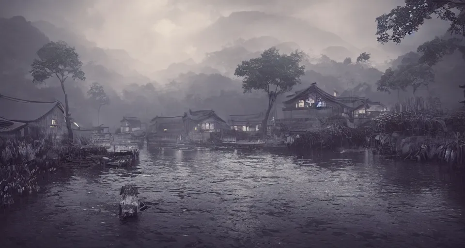 Image similar to An old Japanese fishing village at night, evil, demonic, enchanting, misty, haze, clouds, angelic, flowers, nature, symmetry, environment concept, cinematic, Rendered in Octane, cgsociety, moody lighting rendered by octane engine, cinematic lighting, intricate details, 8k detail post processing, hyperealistic, photo realism, by Stephen King