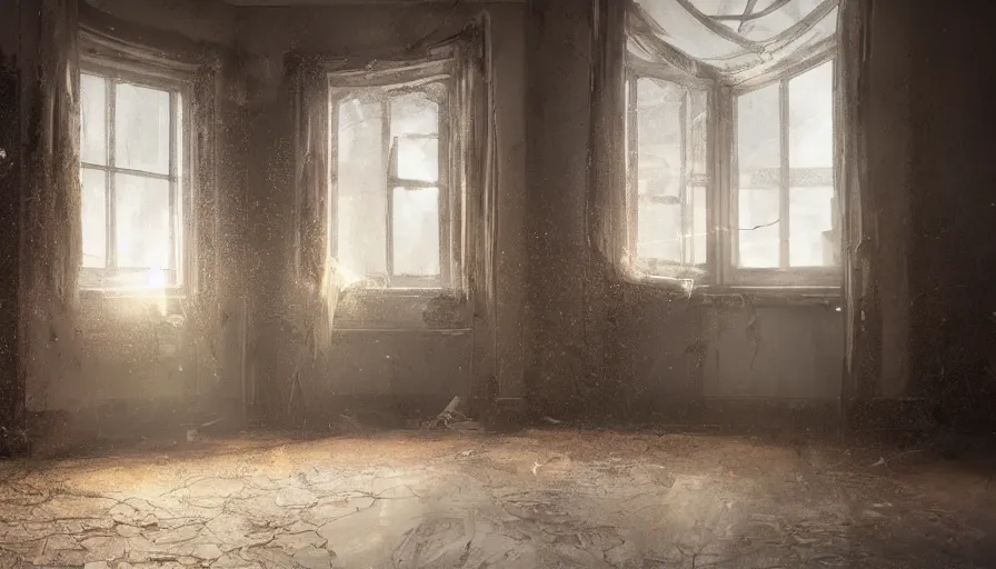 Prompt: old victorian house with dusty floor, cracked wall, broken doors and broken windows, dirty old white curtains, flying dust particles, light through windows, dirty floor, old paintings, hyperdetailed, artstation, cgsociety, 8 k
