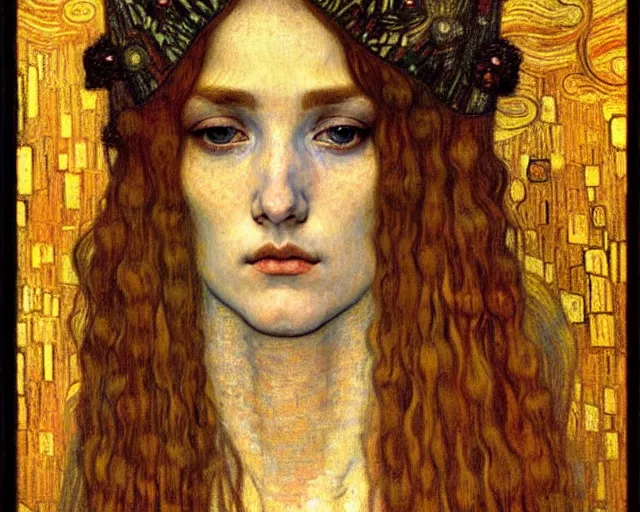 Image similar to detailed realistic beautiful young medieval queen face portrait by jean delville, gustav klimt and vincent van gogh, art nouveau, symbolist, visionary, gothic, pre - raphaelite, muted earthy colors, desaturated