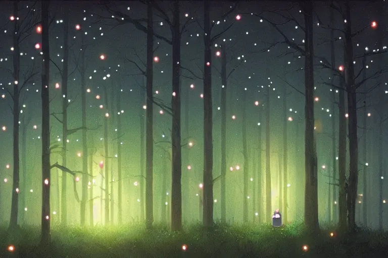 Prompt: Forest at night with floating lights, magical, by Studio Ghibli