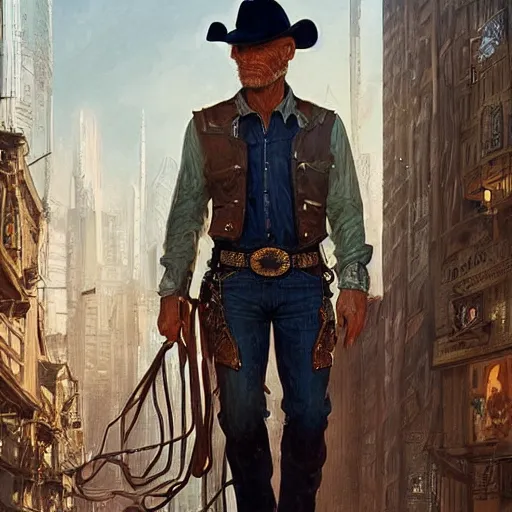 Image similar to full figure ultra realistic illustration, ed harris wearing a cowboy outfit in a dystopian city, intricate, elegant, highly detailed, digital painting, artstation, concept art, smooth, sharp focus, illustration, art by artgerm and greg rutkowski and alphonse mucha