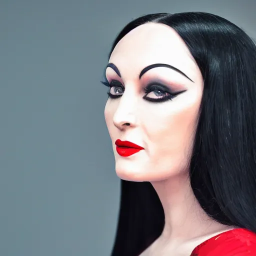 Image similar to dslr portrait photo of morticia addams, f 2. 8, iso 4 0 0,, 4 k, photorealistic, cinematic, masterpiece,