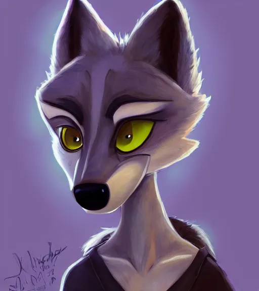 Image similar to oil painting of anthromorphic female wolf, in style of zootopia, zootopia, zootopia, fursona, furry, furaffinity, 4 k, deviantart, furry art, fursona art, wearing black business suit, business suit, in style of zootopia, wolf fursona, cyberpunk, female, expressive detailed feminine face,