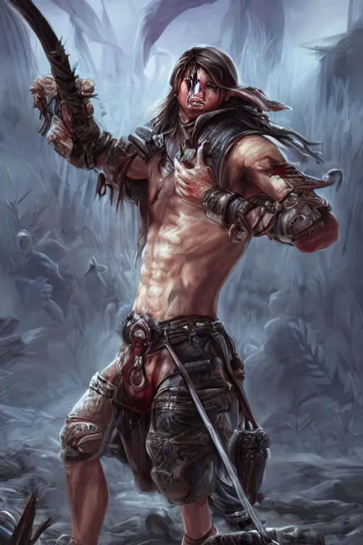 Prompt: aesthetic full body digital illustration of a defeated male warrior being captured by the enemy, by anne stokes | dirty and bloody, battlefield, concept art, unreal engine, finalrender, centered, deviantart, artgerm