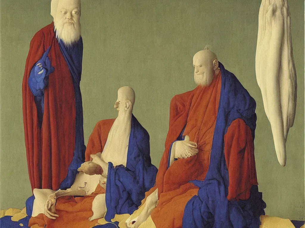 Image similar to Portrait of albino mystic with blue eyes, sitting in Zen meditation. Painting by Jan van Eyck, Audubon, Rene Magritte, Agnes Pelton, Max Ernst, Walton Ford