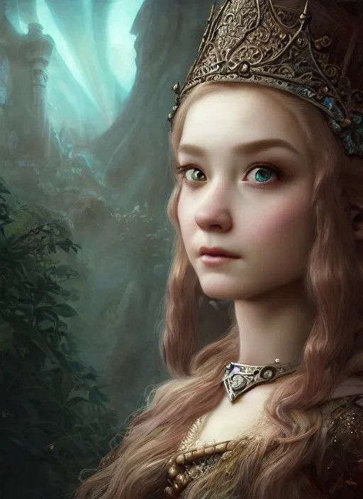 Prompt: highly detailed closeup portrait of a fairytale medieval princess, unreal engine, hyung tae, frank frazetta, nicoletta ceccoli, mark ryden, lostfish, earl norem, global illumination, god rays, detailed and intricate environment