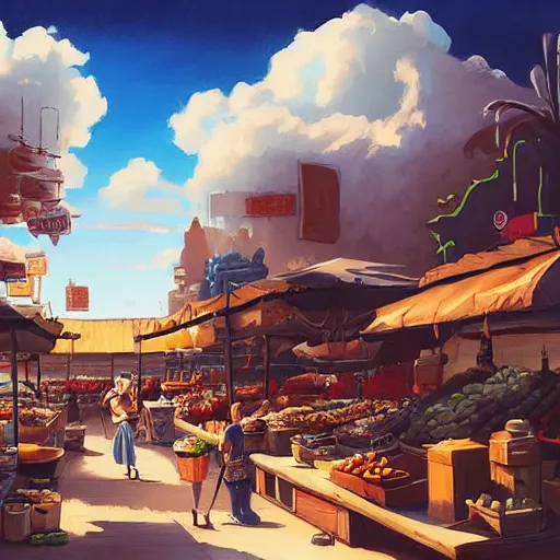 Image similar to a city market and the blue sky with clouds in the distance, in the style of peter mohrbacher