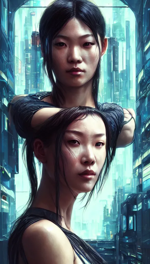 Image similar to cyberpunk, perfectly-centered-Portrait of the most beautiful women on the planet, sweaty, asian, insane, intricate, highly detailed, digital painting, artstation, concept art, smooth, sharp focus, illustration, Unreal Engine 5, 8K, art by artgerm and greg rutkowski and alphonse mucha