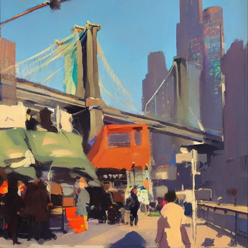 Image similar to a busy street corner under the brooklyn bridge by greg manchess, studio ghibli