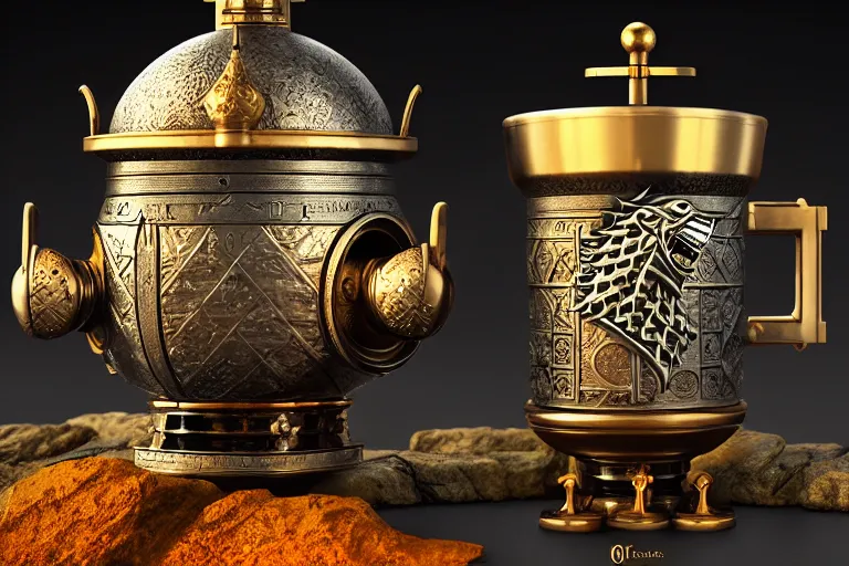 Image similar to a very detailed concept art of game of thrones samovar, trending on artstation, digital art, 4 k, hyper realistic, octane render, sharp focus