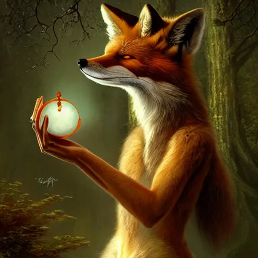 Prompt: an anthromorphic fox as a magic fortune teller holding an orb in an enchanted forest, photorealistic, fantasy art, digital art, by tom bagshaw