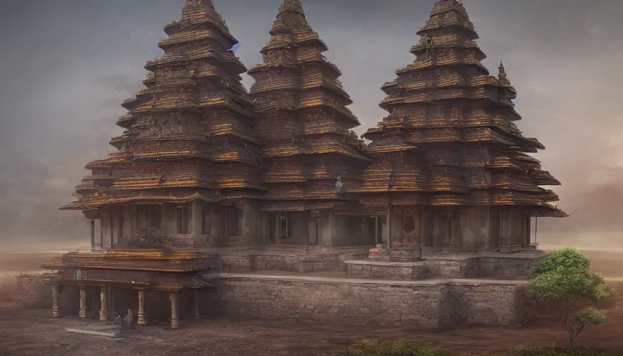 Prompt: matte painting of a beautiful mon - dvaravati village buddhist temple wheel of law, digital art, trending on artstation