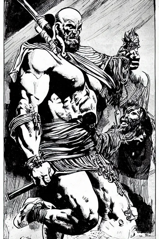 Image similar to ancient historically accurate depiction of the Bible Character Goliath of Gath, the Philistine warrior giant by frank miller