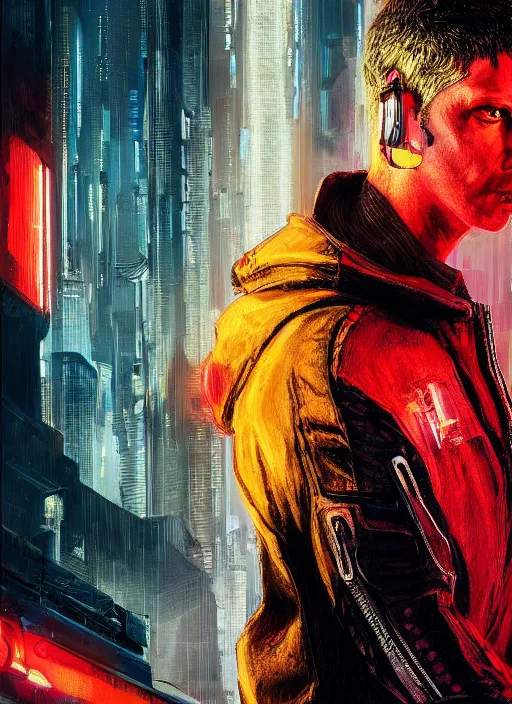 Image similar to cyberpunk character wearing jumpsuit and red jacket and cyberpunk headset. ( blade runner 2 0 4 9, dystopian, cyberpunk 2 0 7 7 character design ). attractive face. portrait by james gurney and laurie greasley, oil on canvas. cinematic, hyper realism, realistic proportions, full view, dramatic lighting, high detail 4 k