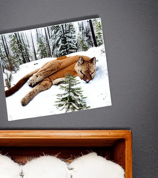 Prompt: torn up postcard of 'a cougar sleeping in the middle of snowy pine tree' laying on coffee table, zoomed out shot, HD, iphone capture