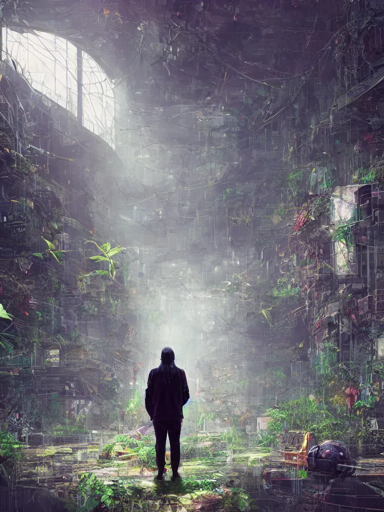 Prompt: portrait of a lonely stranger, lost in a hall of a cyberpunk megacomplex overgrown by strange plants; hyperrealistic, 4K wallpaper, highly detailed and beautiful, glitchpunk