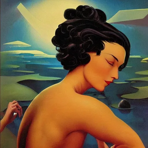 Image similar to a oil painting of a fair skin with dark curly stylised hair queen wearing dress, by hans emmenegger, by bruce pennington, by eyvind earle, by nicholas roerich, by frank frazetta, by georgia o keeffe, highly detailed, realistic, concept art, jewels, tiles curtains, oriental, desaturated